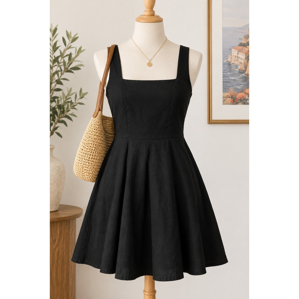 Gap Womens Black Linen Blend Square Neck Smocked Back Mini Dress Large Tall NWT